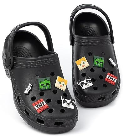 Minecraft Kids Classic Clogs | Black Ventilated Sliders with Supportive Strap for Boys and Girls | Game Creeper TNT Weapons Novelty Charms Footwear | Summer Beach Pool Shoes for Children and Teens