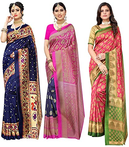 Yashika Conjunto de sari de seda con blusa para mujer, paquete de 3, Multicolor-09, talla única