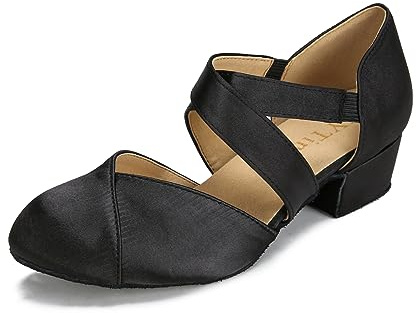 YYTing Women Swing Latin Ballroom Dance Shoes (Closed Toe, Suede Sole, Elastic Closure) 1.5 inch Heel YT26(8,Black)