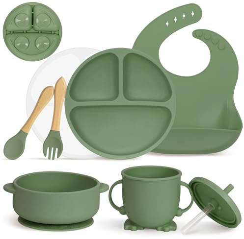 Mojinl Ensemble de vaisselle en silicone antidérapant pour enfants avec ventouses, 7 couverts sans BPA avec cuillère, fourchette, bavoir pour bébé, tasse d'apprentissage et assiette avec couvercle
