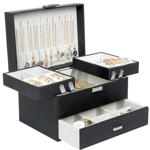 Dajasan Schmuckkästchen, Schmuckaufbewahrung, Groß Schmuckschatulle mit 1 Schubladen, 3 Ebenen Schmuckbox für Ringe, Ohrringe, Halskette, Armbänder, Uhren (Schwarz)