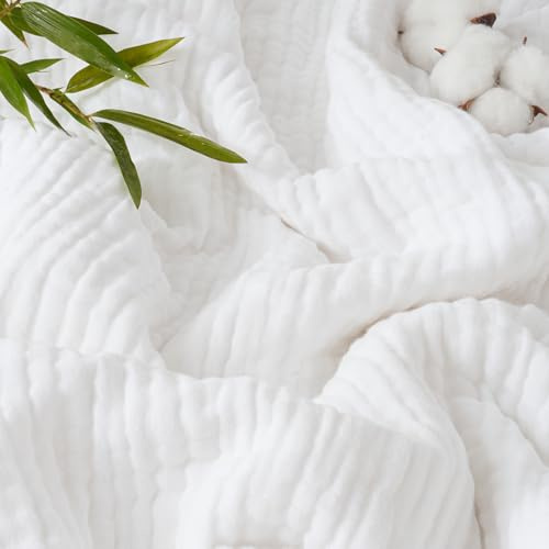 PHF Cooling Muslin Throw Blanket for Hot Sleepers, 60% Rayon Derived from Bamboo, 40% Cotton for Summer, 4-Layer Breathable Gauze Blanket for Bed Couch, 50x60, White