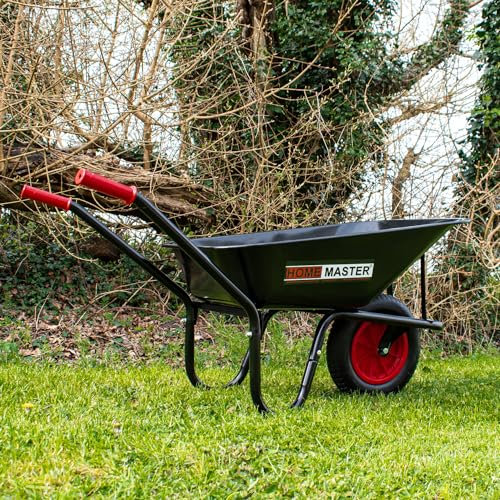 HOMEMASTER® Heavy Duty Garden Wheelbarrow | 90L 120KG | Pneumatic Tyre | Powder Coated Steel | Strong Large Transport Trolley Handcart Wheel Barrow | Black & Red