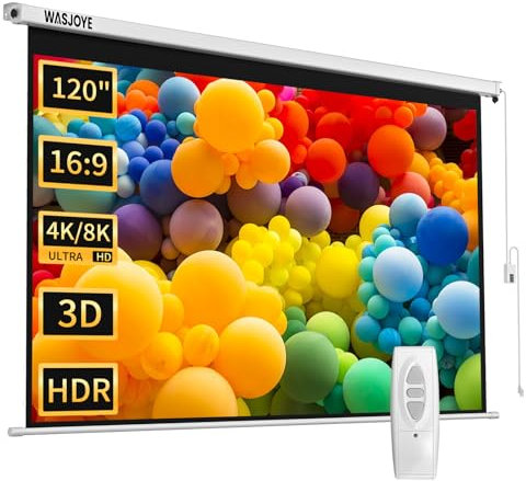 WASJOYE 120 Leinwand Beamer Elektrisch Diagonale Automatische Projektion 16:9 8K HD Filme Schirm für Heimkino Büro Videospiel Outdoor Indoor, Projector Screen W/Fernbedienung und Wand/Decke Mount