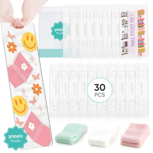 YOPPIX 6x2” Acrylic Bookmark Blanks- 30 Pieces Acrylic Bookmark Kit with 30 Pcs Ribbon for Reading Lovers DIY Crafts Hanging Tag Gifts Tag Price Tags, Graduation Back to School Gifts(Rectangle)