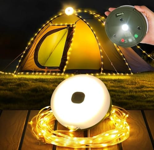 FOMYHEARD 10M Catena luminosa da campeggio arrotolabile, 4 in 1, con 9 modalità di illuminazione, portatile, ricaricabile USB, per campeggio, escursionismo