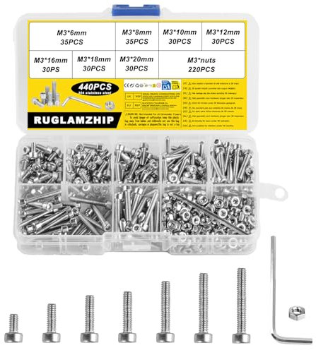 440 Pcs Tornillos M3, Tornillos con Tuercas, Tornillos de Acero Inoxidable, Tornillos y Tuercas, Tornillos Roscados con Tuercas, Tornillos de Cabeza Allen Cilíndrica, Tornillos de Cabeza Hexagonal
