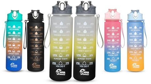 Pack of 2 Water Bottle with Straw 750ml – Leakproof BPA Free Sports Water Bottle for Gym, School & Travel – Motivational Drinking Bottle with Time Markings for Kids & Adults (Black-Yellow/Grey, 750ml)