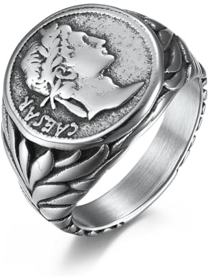 IMINI Vintage Roman Caesar Signet Ring - Stainless Steel Statement Piece for Men & Women, Comfort Fit Personalised Thumb Knuckle Jewellery Gift Birthday Christmas (Silver, US7=O)