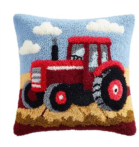 WallustrioaW Latch Hook Kit Cushion,Latch Hook Kit,Cartoon Tractor,DIY Pillow Materials for Beginners Kids Adults,Home Art Decorative,17x17inch