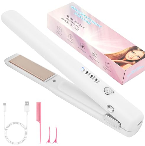 Alaoo Lisseur Cheveux Sans Fil, Petit Lisseur Portable, Cheveux 4 Température, Température Réglable 140°C-200°C, Lisseur pour Femme Vacances, Voyages, Camping Styling, Blanc