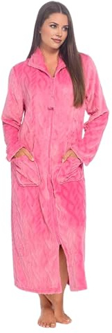 INSIGNIA Ladies Zip Up Dressing Gown with Tassel – 100% Polyester Flannel Fleece, Lightweight & Cosy Housecoat, (UK, Numeric, 8, 10, Regular, Regular, Pink)