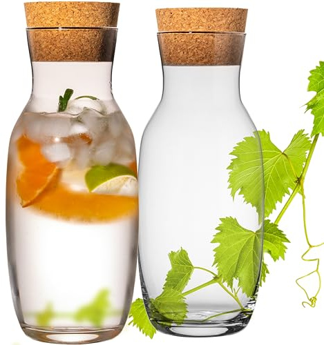 PLATINUX 2 x glaskaraff 1 l med kork – elegant karaff av glas för vatten och juicer – magformad form, diskmaskinssäker