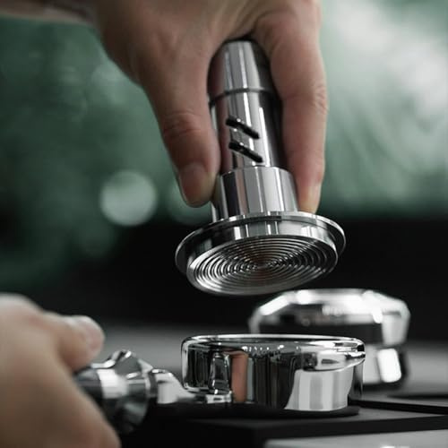 Coffee tamper designed for espresso preparation with magnetic centering rings, self leveling collar, and spring loaded calibrated pressure delivering consistent tamp force (51mm)
