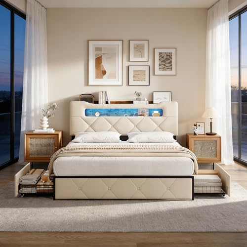 HYNHXBP Letto 160x200 Matrimoniale, Letto con 4 cassetti, testiera con Illuminazione a LED e Funzione di Ricarica USB,Struttura Letto in Metallo con doghe in Legno，Letto Imbottito Velluto,Beige