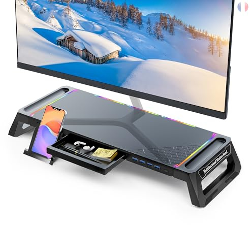 MOOJAY Support de Moniteur d'ordinateur de Bureau avec 4 Hub USB 3.0 | et Lumière RVB, Rehausseur d'écran Pliable avec Tiroir de Rangement, Support de Téléphone et Porte-Plume pour PC/Laptop/iMac