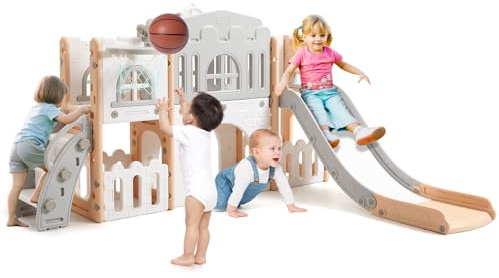 Tobogán Infantil 8 en 1 con Cesta de Baloncesto, Toboganes Infantiles Exteriores y Interiores con Escalera de Escalada, Telescopio y Túnel de Juego, Espacio de Almacenamiento, 1+ (Gris Polvo)