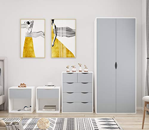AFN Home Delvito 4 Piece Bedroom Furniture Set - Includes Wardrobe, 5 Drawer Chest, Bedside Cabinet (Grey on White)