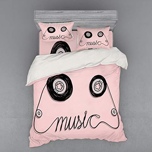 Ambesonne Music Duvet Cover Set, Music Letters Written by Cassette Tape Loud Improvisation Beat Pulse Tempo Image, 4 Piece Bedding Set with Shams and Fitted Sheet, California King, Pink Black