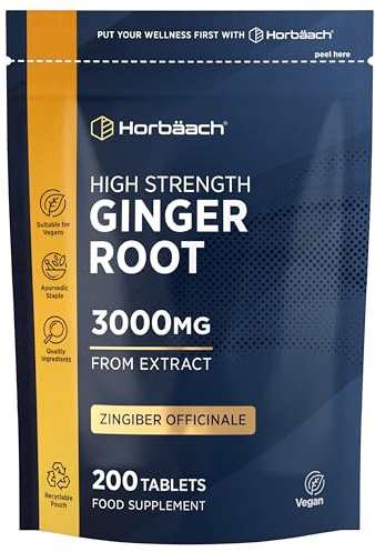 Ginger Root Tablets 3000mg | High Strength Zingiber Officinale Extract | Letterbox-Friendly & 100% Recyclable Pouch | 200 Vegan Tablets | by Horbaach