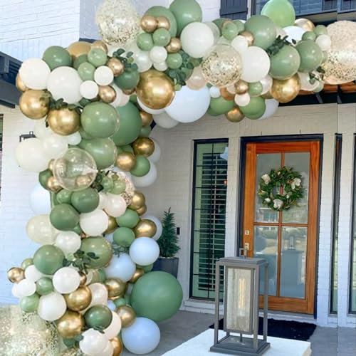 Sage Green Balloon Garland Arch Kit,152Pcs Olive Green Balloons Arch Set with White Latex Balloon Gold Metallic Latex Ballon for Boys Girls Baby Shower,Birthday Party,Jungle Safari Party Decoration