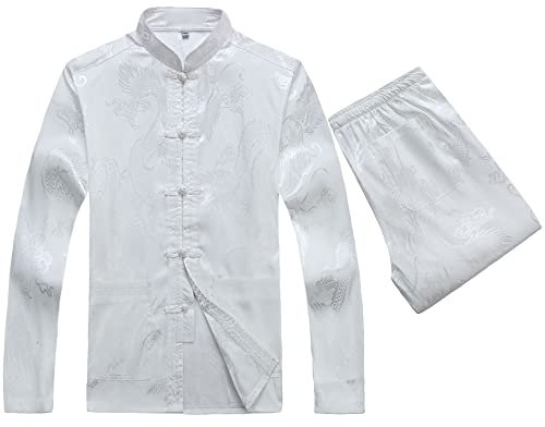 Kung Fu Anzüge Sets Herren Chinesischer Tang Anzüge Hanfu Kampfsport Kleidung Hemd Traditionell Wing Chun Taichi Uniform Oberteile Hosen(EU XL/Asien Größe XXXL, Weiß)
