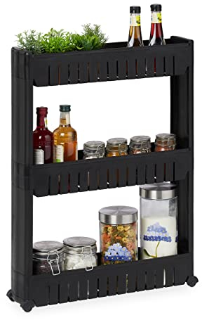 Relaxdays Nischenwagen, 3 Ablagen, schmales Nischenregal Bad & Küche, HBT 71x12,5x54 cm, Rollregal Kunststoff, schwarz