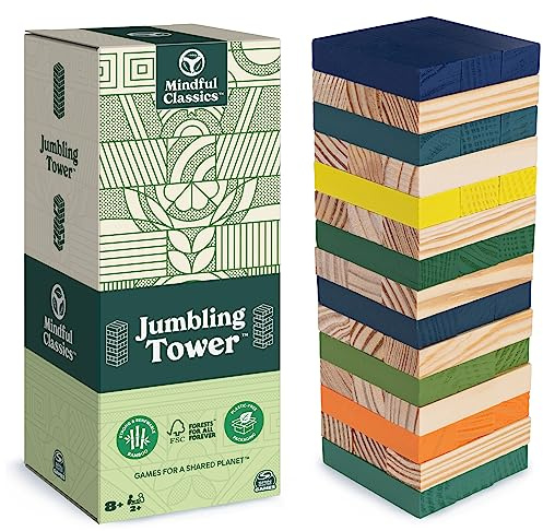 Mindful Classics, Jumbling Tower Sustainable Wooden Blocks Tumbling Toppling Bamboo Wood Party Stacking Game, for Adults and Kids Ages 8 and up