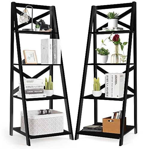 COSTWAY Leiterregal mit 4 Ebenen, Bücherregal mit X-förmige Strebe, Stufenregal modern mit großem Stauraum, Standregal aus Holz für Wohnzimmer, Schlafzimmer, Küche, 50 x 45 x 145 cm (2, Schwarz)