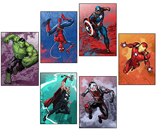 FYDZBSL Super Hero Leinwanddruck Wanddekorationen Ohne Rahmen Kunstdruck Deko Poster Leinwand Bilder Poster Superhelden Bilder Aquarell Kunst für Wanddeko Kinderzimmer 6pcs