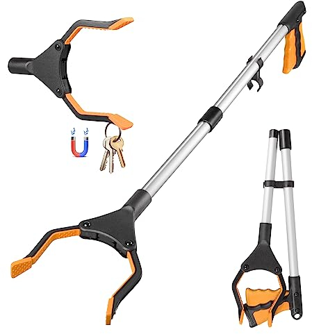 YAUNGEL Outils de Ramassage，Pince telescopique，Pince à ordures, Long bâton de grappin de 81 cm avec poignée Solide à Pointe magnétique, Tête légère rotative à 90° pour Les ordures, Argent Orange