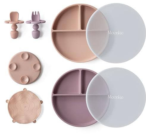 Moonkie Lot de 2 assiettes en silicone pour enfant avec couvercle, assiettes pour bébé avec ventouse, sans BPA, antidérapantes, divisées, avec fourchettes et cuillères, passent au micro-ondes et au