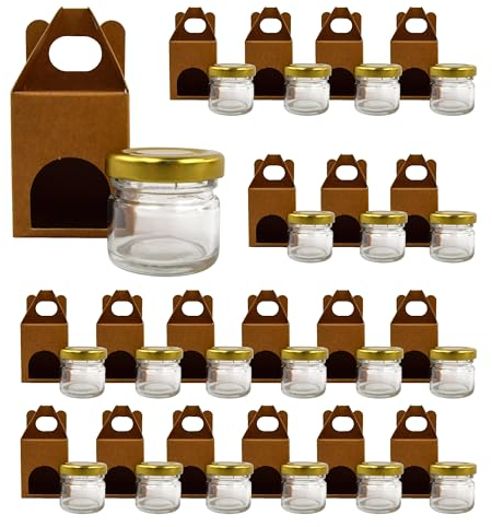 Espirito Rebelde 20 barattoli vuoti in vetro con coperchio da 30 ml con 20 barattoli di cartone per 1 barattolo di marmellata, con coperchio a vite dorato, per marmellate, conserve, miele