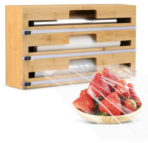 Housolution Folienspender mit Cutter, Abroller & Schneider für 35cm Lange Frischhaltefolie, Alufolie Und Backpapier, 3 in 1 Folienschneider Frischhaltefolienspender für Küche, Langer Stil-B