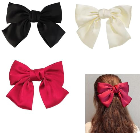 3 Pezzi Big Hair Clip,Fermaglio per capelli con fiocco,Raso Morbido e Setoso con Fiocco Accessori,Ferma Capelli per Ragazza con Chiusura Clip Fermaglio(Nero,Bianco,Rosso)