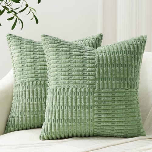 Topfinel Kissenbezug 40x40 Grün 2er Set Cord Zierkissenbezüge Sofakissen Dekokissen Boho Kissenbezüge Salbeigrün Kissenhüllen Patchwork Design für Sofa Schlafzimmer Wohnzimmer