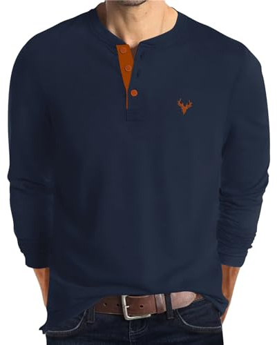 KUYIGO Camiseta de Manga Larga Henley Bordada para Hombre, de algodón, Informal, Deportiva, de Punto, Azul Marino, XL