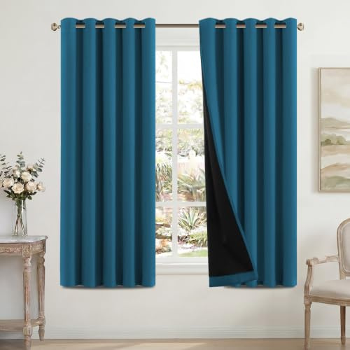 H.Versailtex 100% Blackout Curtains for Bedroom with Black Liner Eyelet Curtains for Living Room Full Room Darkening Thermal Insulated Window Drapes, 2 Panels, 66 x 54 Inch, Dark Teal