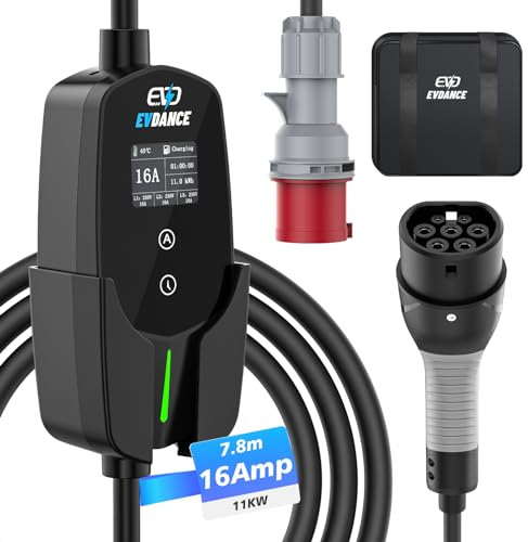 EVDANCE Mobile Wallbox 11kW [7.8m 3-Phasig 6-16A] Typ 2 Ladekabel CEE 16A auf Typ 2 mit Einstellbarer Ladeleistung für Elektroauto
