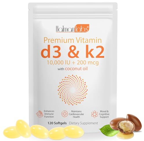 Premium Vitamin D3 & Vitamin K2 (MK-7) Softgels 120 Count Easy-Swallow VIT D3 K2 with Coconut Oil Gluten Free, High Strength Vitamin D3 and K2 Supplements