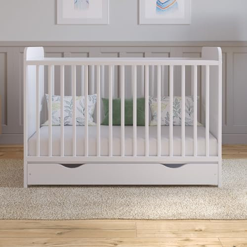 Love For Sleep LEVI Baby Cot Bed 120x60cm - Wooden Convertible Toddler Bed with Large Drawer and Quilted Microfiber Foam Mattress (White)