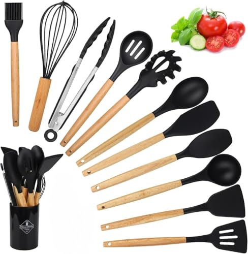 SET MESTOLI CUCINA 11 UTENSILI IN SILICONE CON MANICO IN LEGNO ANTIADERENTE