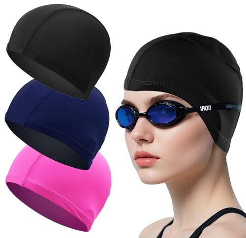 ATSNOSH 3 Piezas Gorro de Natación para Hombres y Mujeres, Gorros Elásticos de Natación, Gorro de Natación de Tejido, Cómodo Gorros Ligeros de Baño, Talla Unica (Negro+Rosa Rojo+Azul Oscuro)