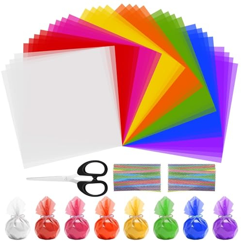 Celepoir 200 Piezas Láminas de Celofán Colores, 7.5x7.5 Pulgadas Papel Celofan Colores, Papel Celofan Transparente de Regalo y Lazos de Torcedura, para Dulces, DIY, Manualidades, Decoración de Regalo