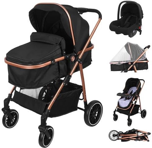 Vinteky 3 in1 Kinderwagen Buggy Kombikinderwagen Reisebuggy Komplett-Set inkl. Babywanne & Baby Sportsitz & Auto-Babyschale Zusammenklappbar Shwarz