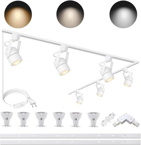 Kit de iluminación LED regulable en blanco, cabezal de carril GU10 de 10 W 3CCT con riel en H de 2 x 1 m, foco de techo comercial ajustable de 3000 K/4000 K/6000 K con 6 bombillas GU10 intercambiables