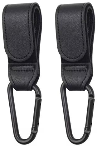 2-Pack Leather Pram Hooks Universal Carabiner Clips for Stroller Wheelchair | 7kg load capacity per hook, quick-release design, hands-free bag carrying, sturdy build for shopping and daily outings