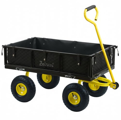 Zelsius Carretilla de jardín, capacidad de carga de 350 kg, 75 litros, color negro/amarillo, carro de jardín, carrito de mano con ruedas neumáticas, carro de transporte plegable, carro de mano para