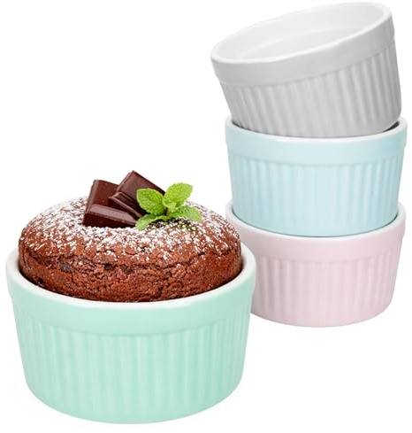 MamboCat Emilia Lot de 4 moules à soufflé, ronds, en porcelaine, 125 ml, diamètre : 8,8 cm, rose, turquoise, bleu clair et gris, pour crème brûlée, cupcakes, petits ragoûts et desserts