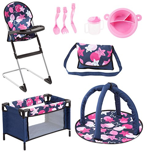 Bayer Design 61769AB Puppen Set 9 in 1 mit Reisebett, Tasche, Spielbogen, Hochstuhl, Plastik Geschirr, Puppenzubehör, blau, pink, sterne
